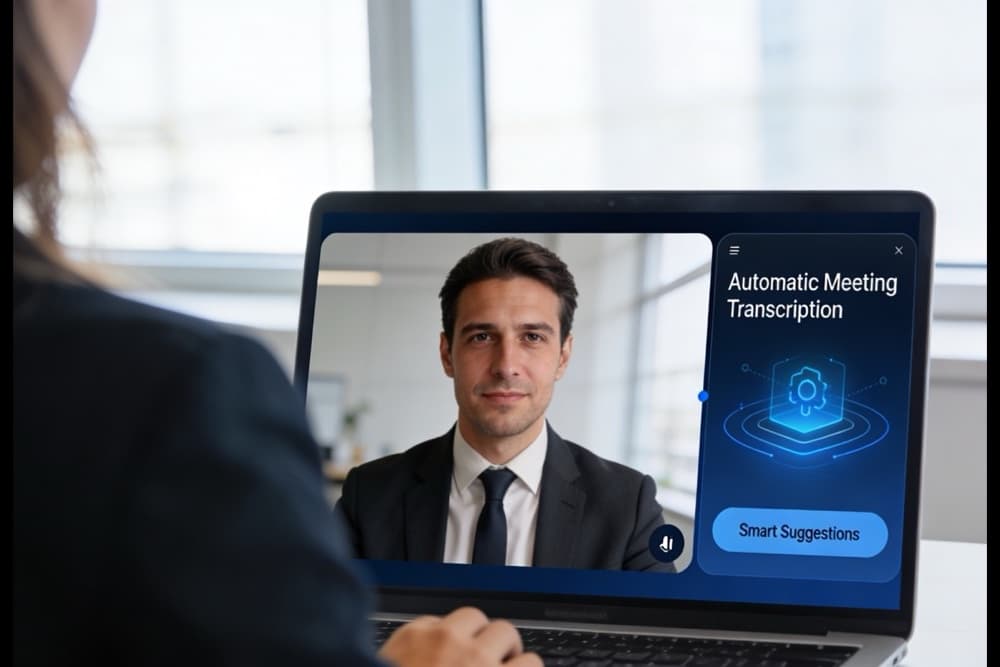 Rete commerciale B2B che usa un CRM con intelligenza artificiale: trascrizione automatica dei meeting, lead scoring e suggerimenti sulle trattative su laptop e smartphone