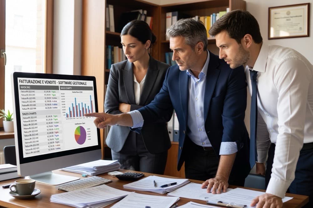 Titolare e responsabili di una PMI italiana valutano un gestionale aziendale davanti a una dashboard con fatturazione, magazzino e vendite integrati