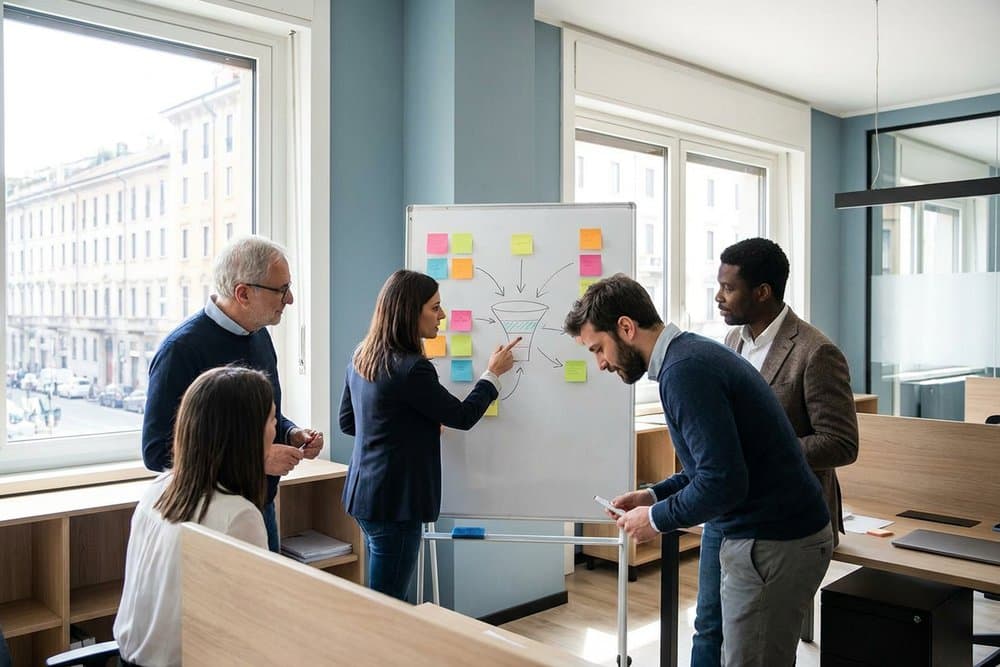 Team marketing e vendite di una PMI B2B pianifica i canali di lead generation su una lavagna in ufficio