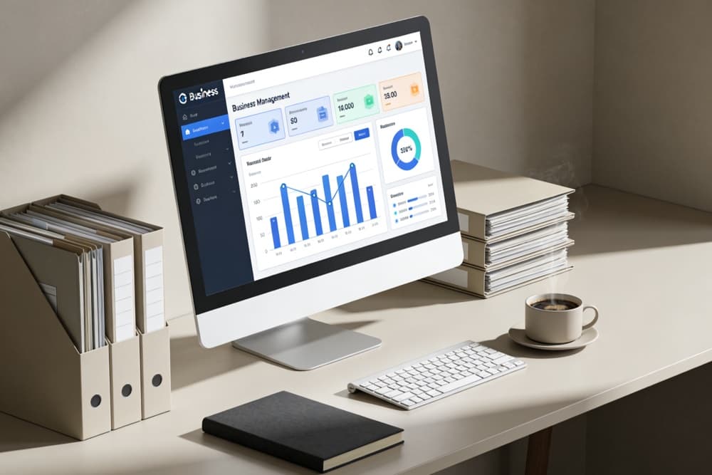Scrivania con software gestionale aziendale su schermo: contabilità, magazzino e vendite — guida alle tipologie di programmi gestionali e a come sceglierli per le PMI