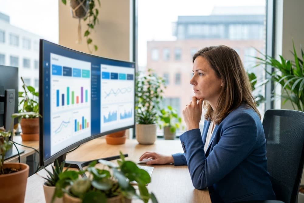 Responsabile commerciale di una PMI italiana confronta due CRM sul monitor per scegliere un’alternativa a Zoho CRM