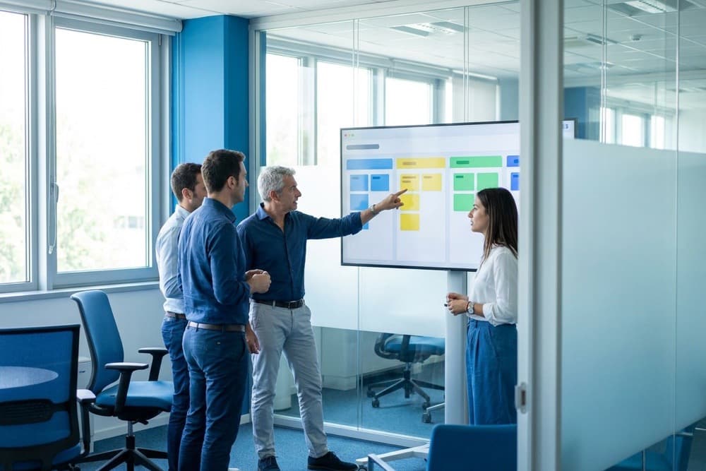 Team commerciale B2B che analizza la pipeline di un CRM vendite su un grande schermo in sala riunioni