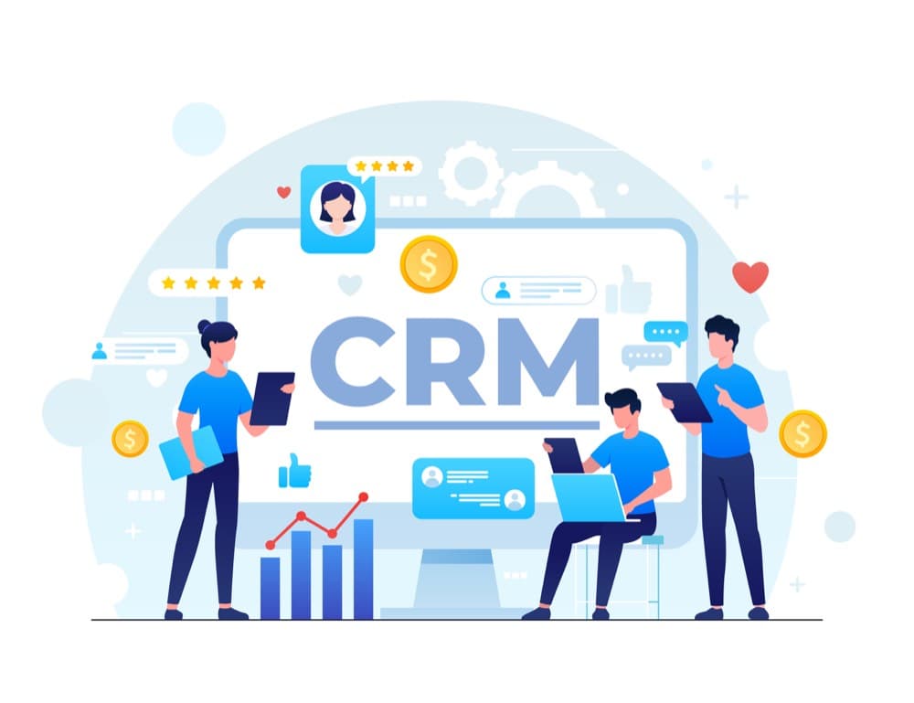 Illustrazione di un team commerciale che confronta dashboard e funzionalità di un CRM per le vendite: KPI, rating clienti e dati di pipeline