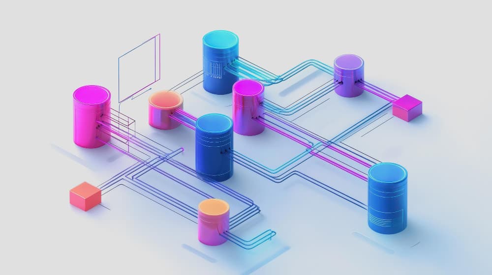 Pipeline di vendita rappresentata come flusso di dati tra sistemi: trattative che si muovono da uno stadio all'altro in un CRM B2B, vista isometrica con connessioni colorate